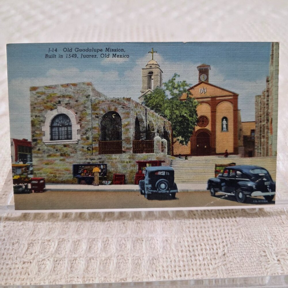 Vintage Old Guadalupe Mission Juarez Mexico Linen Postcard UNP Antique Auto Cars